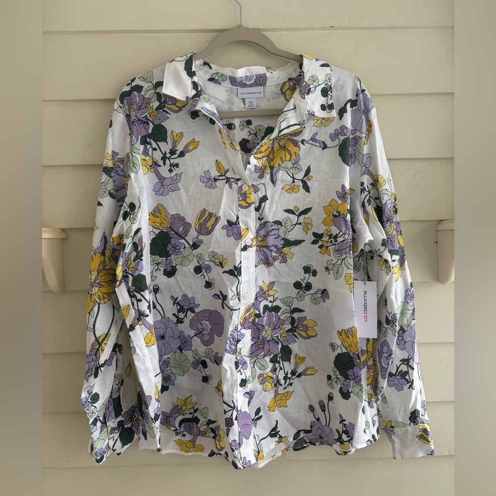 Liz Claiborne Floral Linen Blend Long Sleeve Button Shirt Women’s Size XXL